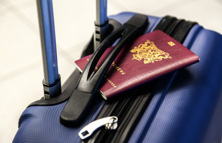 Suitcase, travel passport